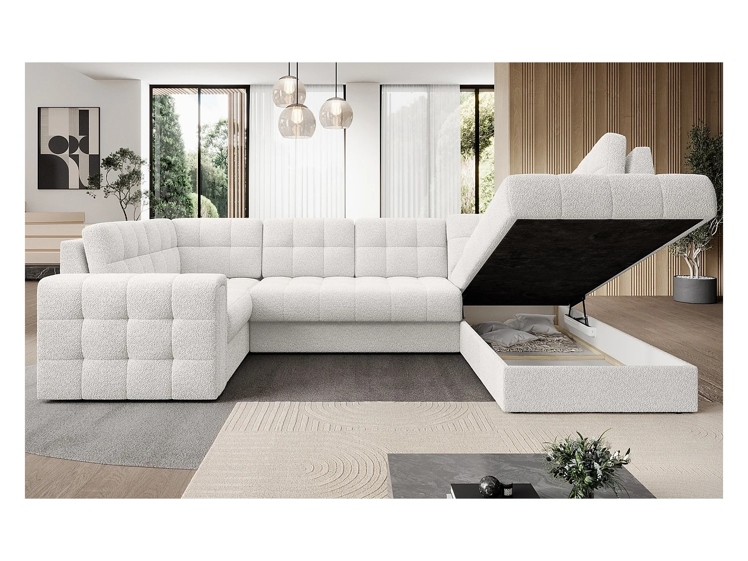 Canapé panoramique BLOOM tissu capitonné - Rangement et convertible-Blanc-Coffre de rangement à droite