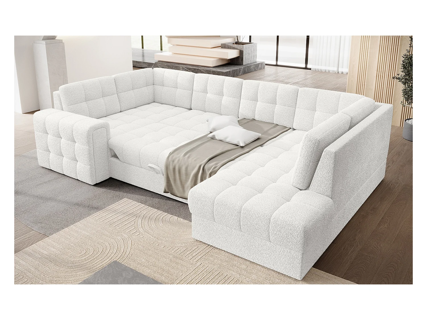 Canapé panoramique BLOOM tissu capitonné - Rangement et convertible-Blanc-Coffre de rangement à droite