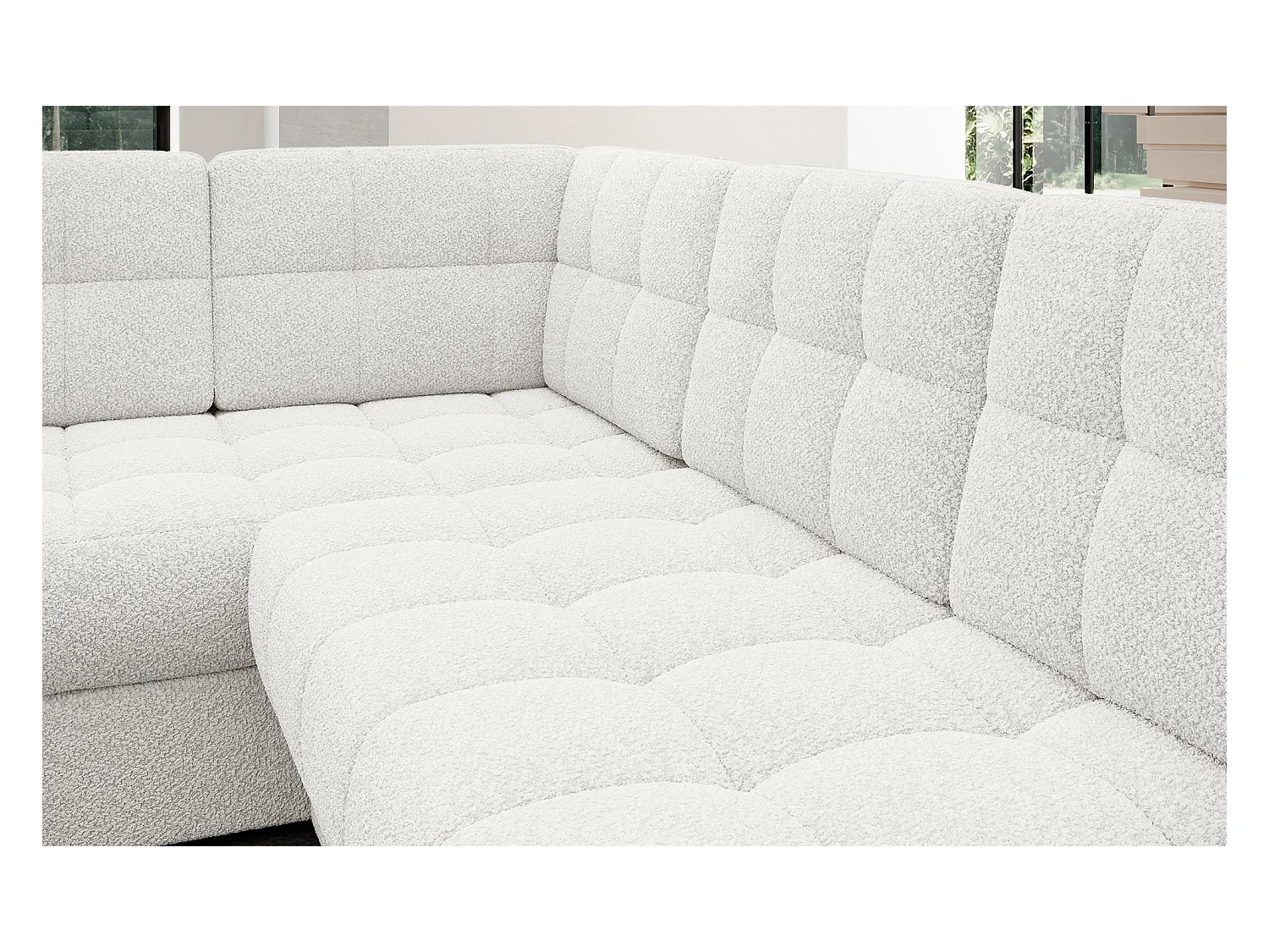 Canapé panoramique BLOOM tissu capitonné - Rangement et convertible-Blanc-Coffre de rangement à droite