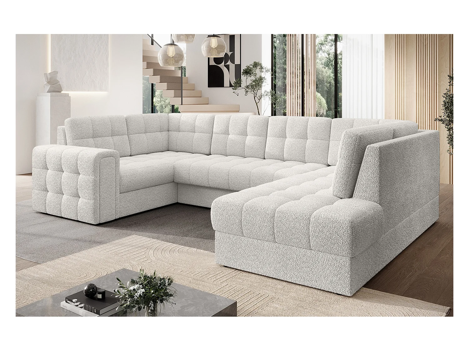 Canapé panoramique BLOOM tissu capitonné - Rangement et convertible-Blanc-Coffre de rangement à droite