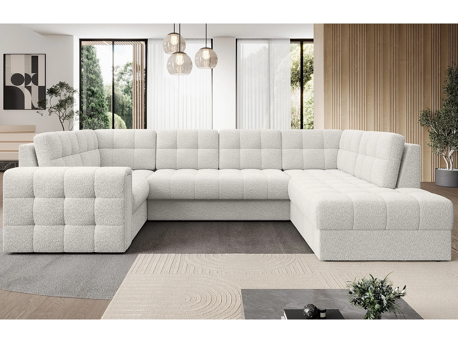 BLOOM panoramische bank in gestoffeerde stof - Opbergruimte en omvormbaar-Kleur Wit-Opslagruimte naar rechts