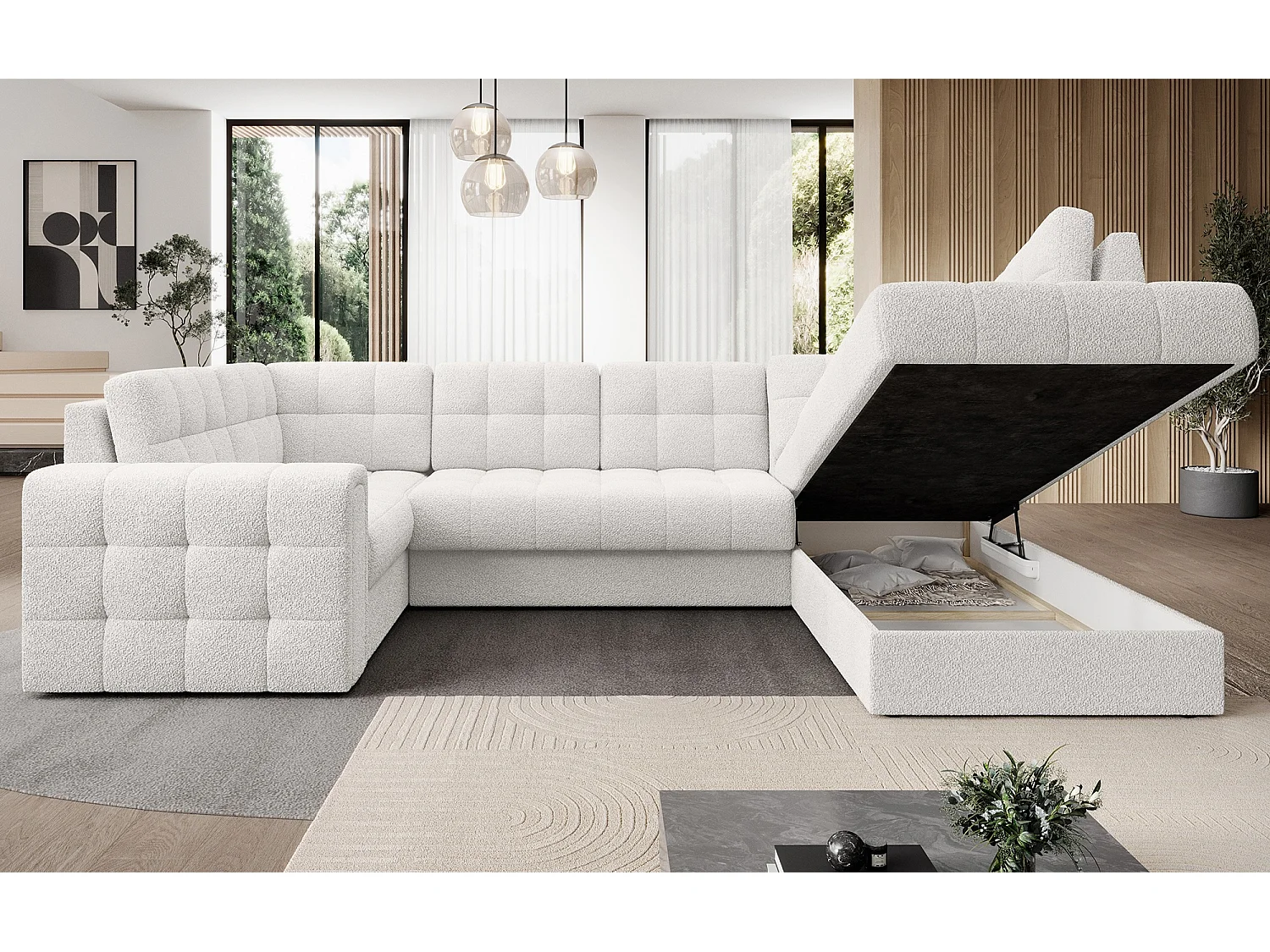 BLOOM panoramische bank in gestoffeerde stof - Opbergruimte en omvormbaar-Kleur Wit-Opslagruimte naar rechts