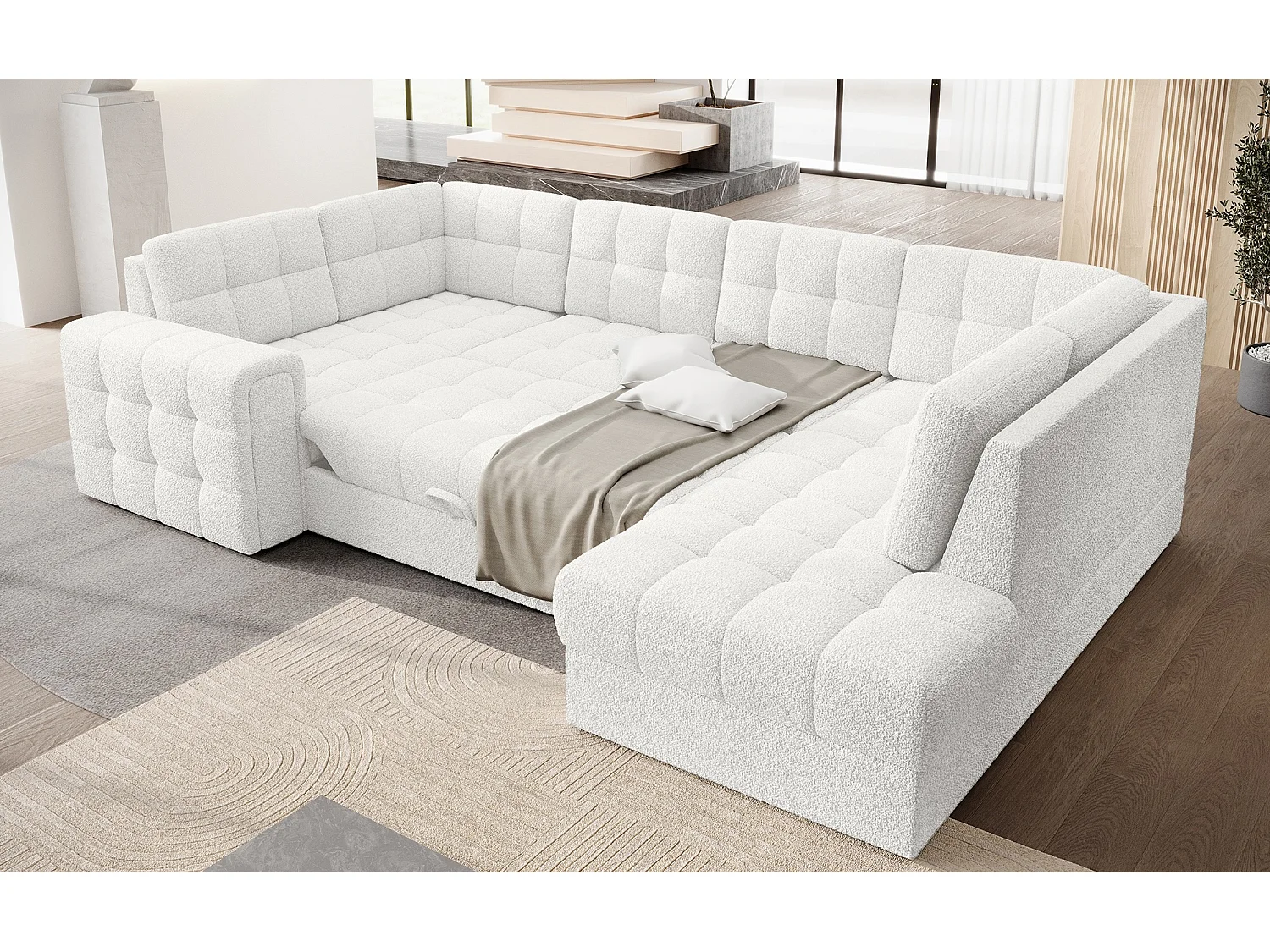 BLOOM panoramische bank in gestoffeerde stof - Opbergruimte en omvormbaar-Kleur Wit-Opslagruimte naar rechts