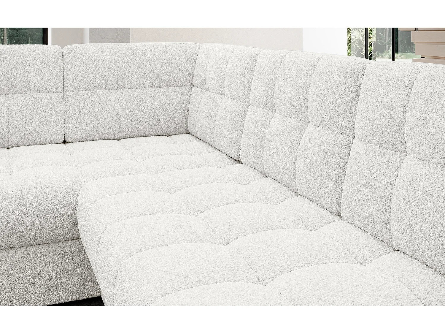 BLOOM panoramische bank in gestoffeerde stof - Opbergruimte en omvormbaar-Kleur Wit-Opslagruimte naar rechts