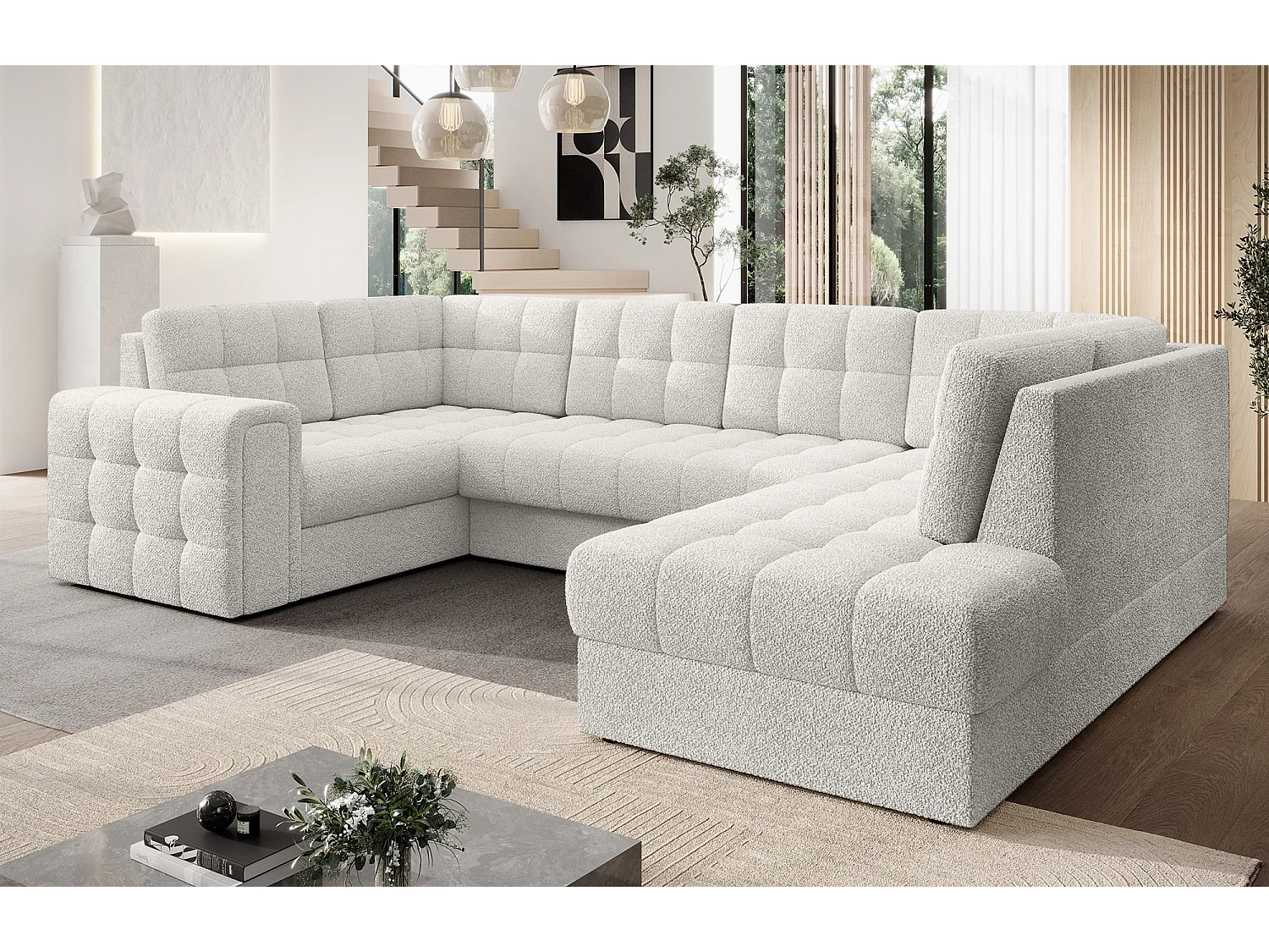 BLOOM panoramische bank in gestoffeerde stof - Opbergruimte en omvormbaar-Kleur Wit-Opslagruimte naar rechts