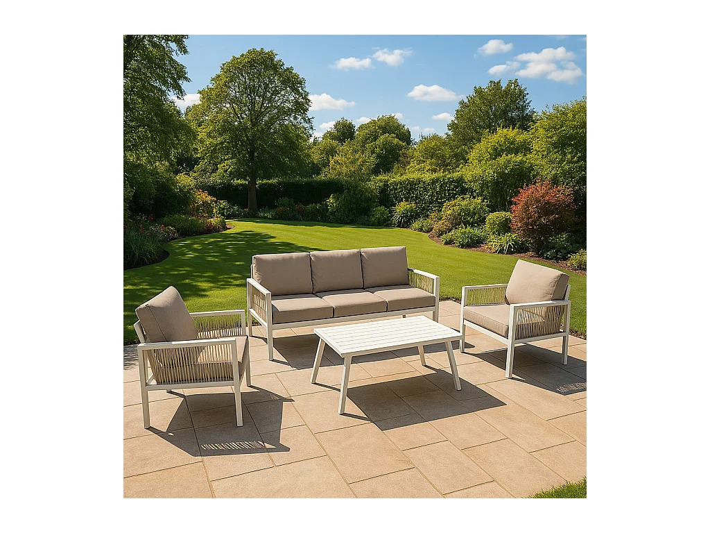 Salon de Jardin 4 Pièces en Aluminium Blanc 5 Places & Coffre de Rangement 582 L en Rotin Imperméable [Housse de Pluie INCLUS]