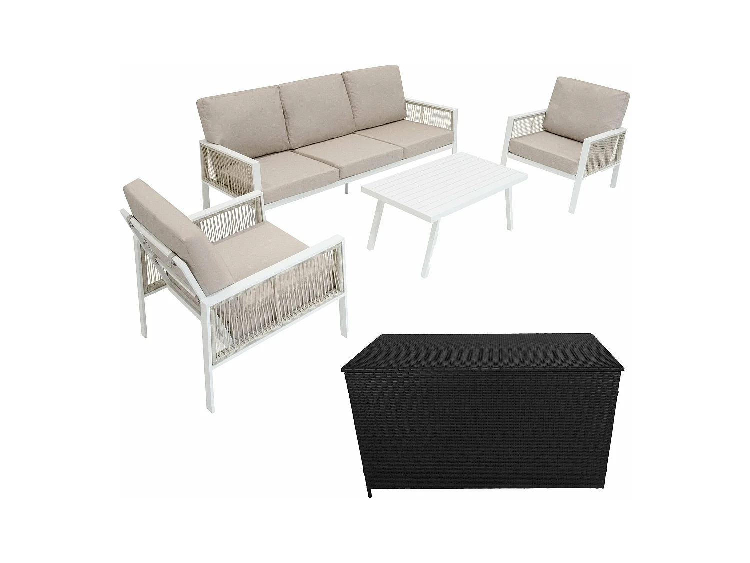 Salon de Jardin 4 Pièces en Aluminium Blanc 5 Places & Coffre de Rangement 582 L en Rotin Imperméable [Housse de Pluie INCLUS]