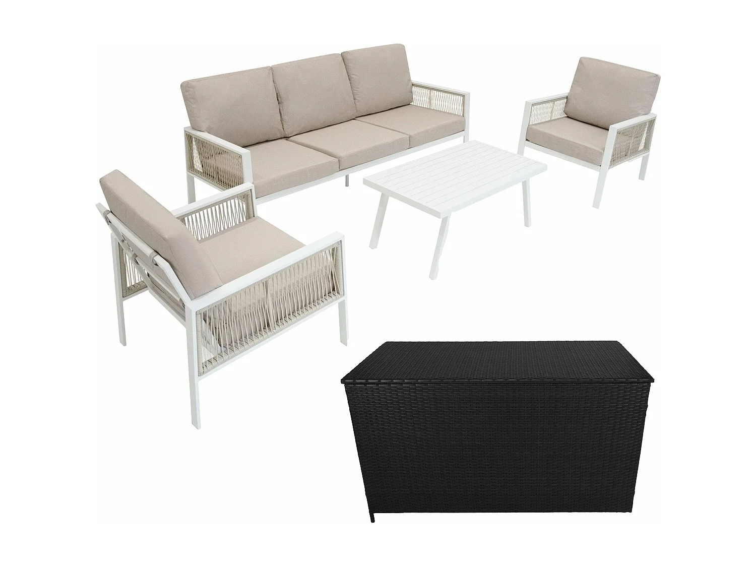 Salon de Jardin 4 Pièces en Aluminium Blanc 5 Places & Coffre de Rangement 582 L en Rotin Imperméable [Housse de Pluie INCLUS]