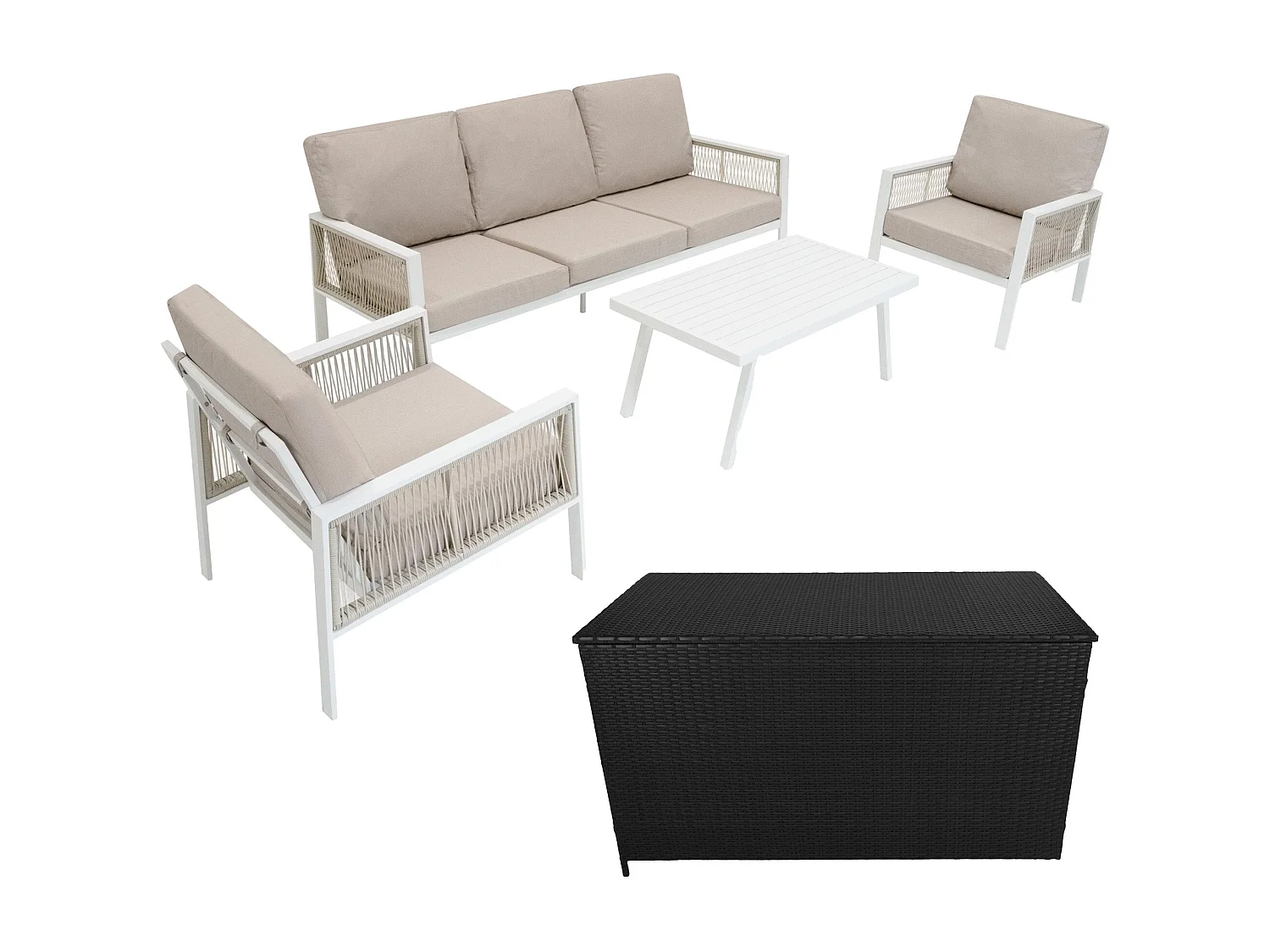 Aluminium Tuinmeubel Set 4-Delig Wit Rotan Opbergbox Zwart 582L