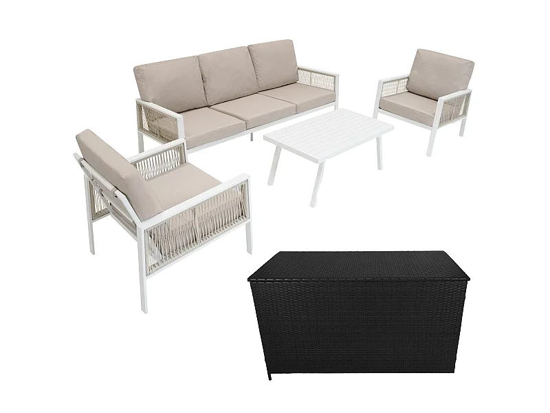 Aluminium 4 Piece Sofa Set with Black Rattan Storage Box - White