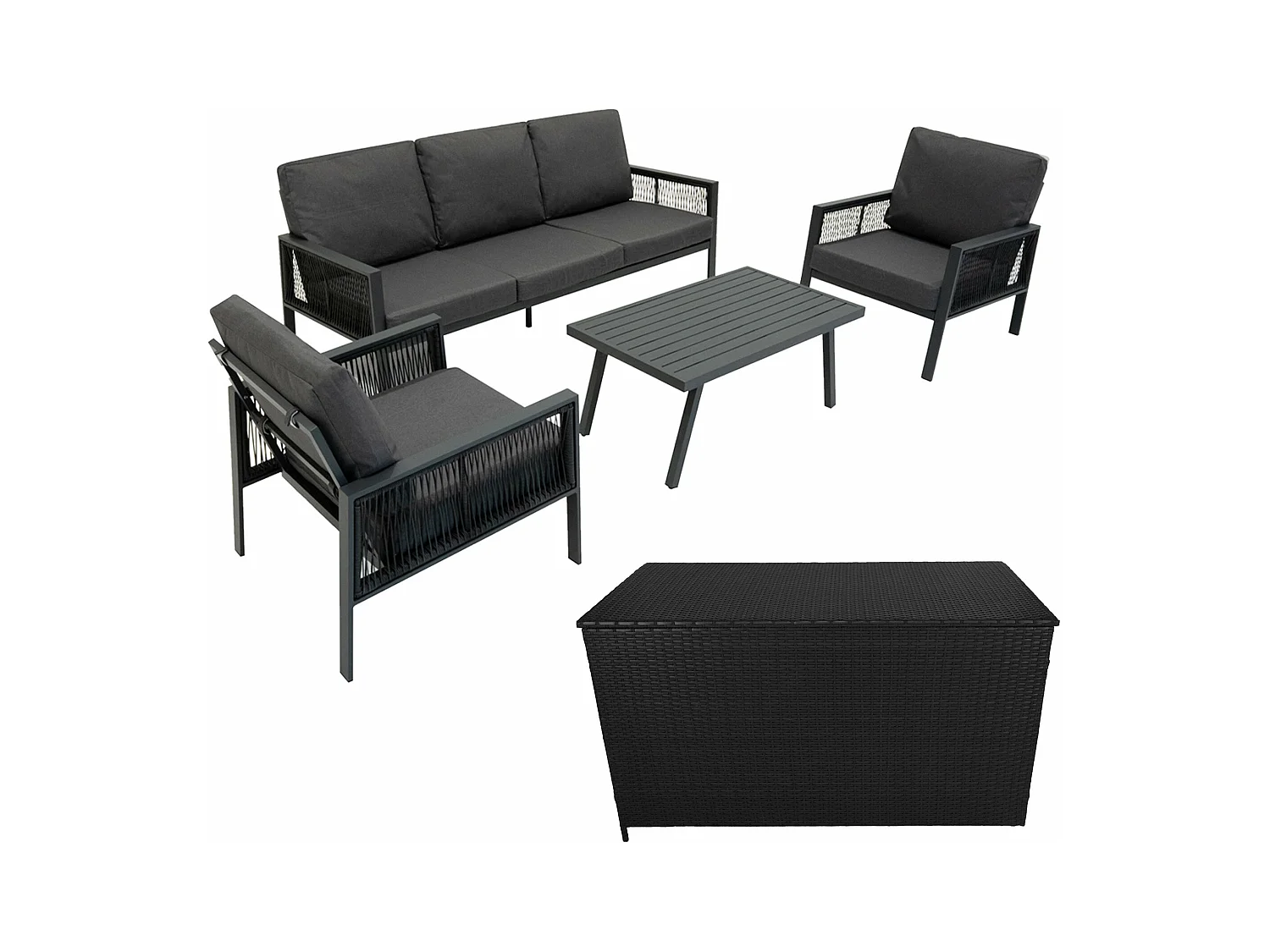 Salon de Jardin 4 Pièces en Aluminium Gris 5 Places & Coffre de Rangement 582 L en Rotin Imperméable [Housse de Pluie INCLUS]