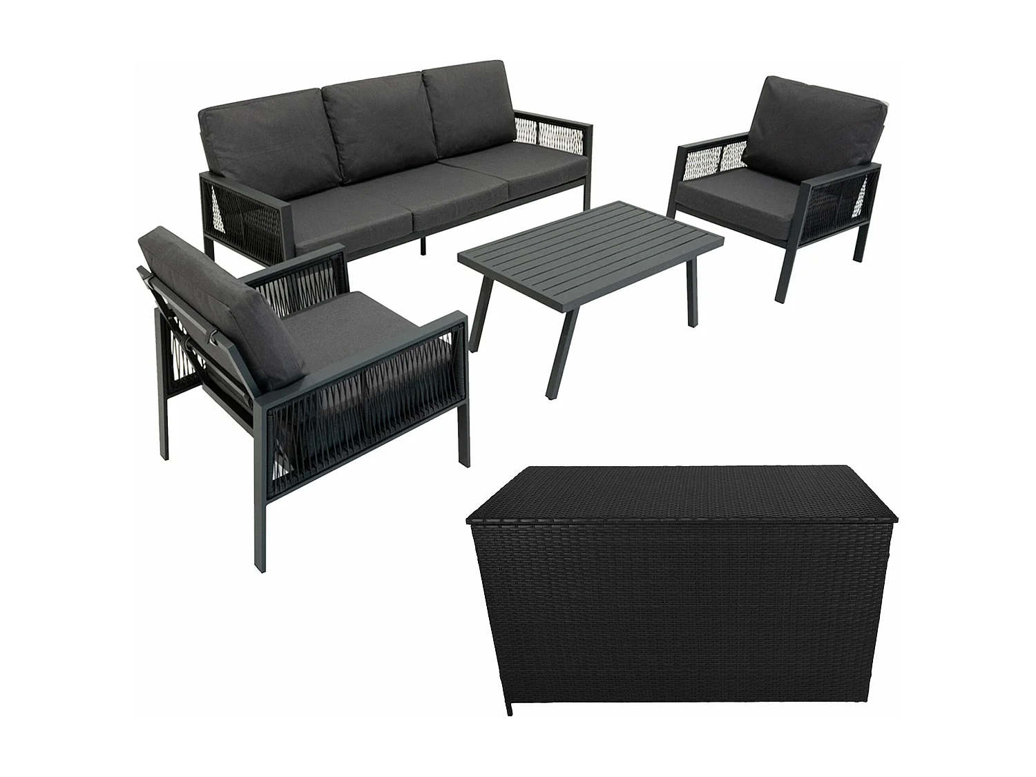 Salon de Jardin 4 Pièces en Aluminium Gris 5 Places & Coffre de Rangement 582 L en Rotin Imperméable [Housse de Pluie INCLUS]