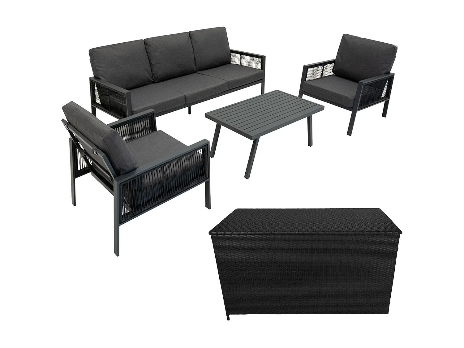 Aluminium Tuinmeubel Set 4-Delig Antraciet Grijs Rotan Opbergbox Zwart 582L