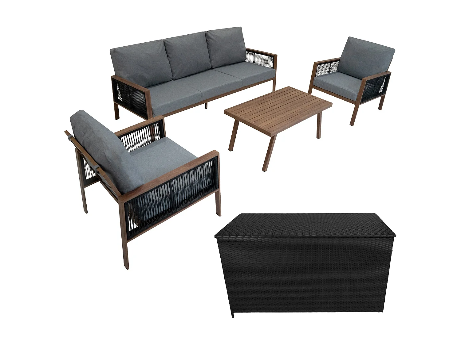 Gartenmöbel Set 4-teilig Holzeffekt mit Rattan Aufbewahrungsbox Schwarz