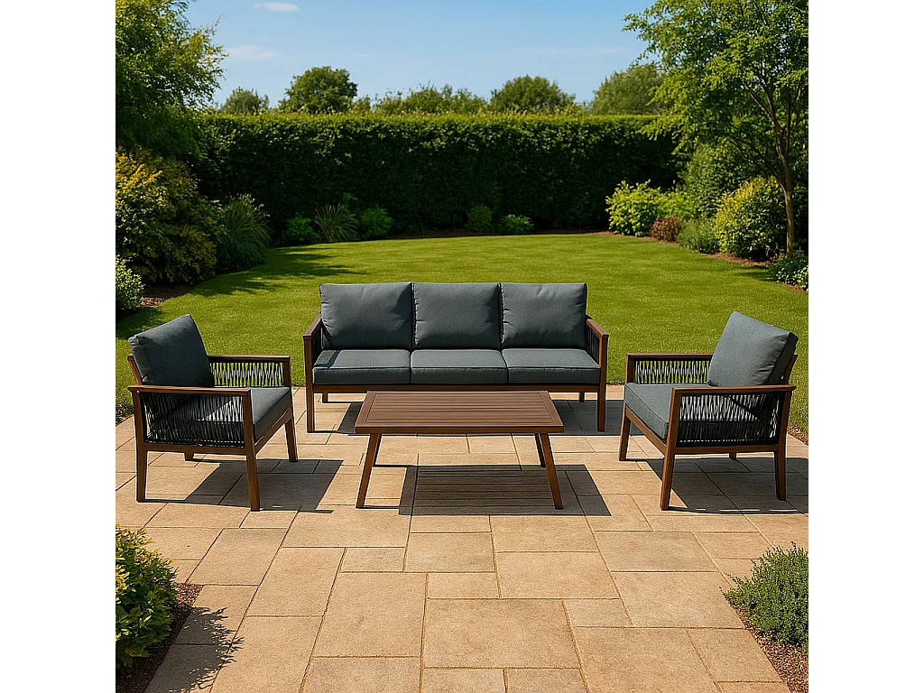 Aluminium Tuinmeubel Set 4-Delig Houteffect Rotan Opbergbox Zwart 582L