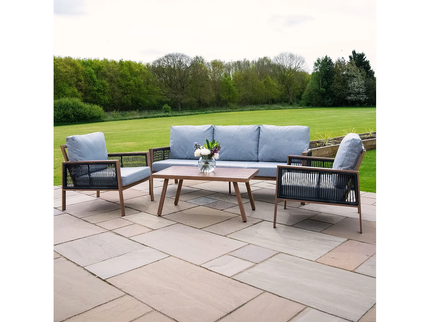 Aluminium Tuinmeubel Set 4-Delig Houteffect Rotan Opbergbox Zwart 582L