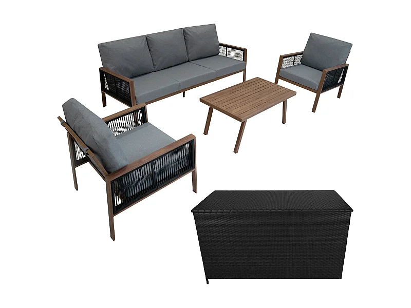 Salon de Jardin 4 Pièces en Aluminium Effet Bois 5 Places & Coffre de Rangement 582 L en Rotin Imperméable [Housse de Pluie INCLUS]