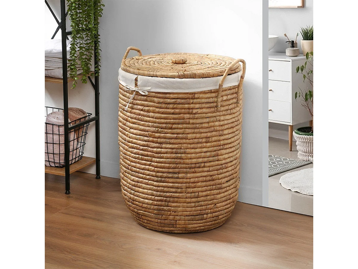 Panier à Linge avec Housse en Tissu et Couvercle - H65 cm