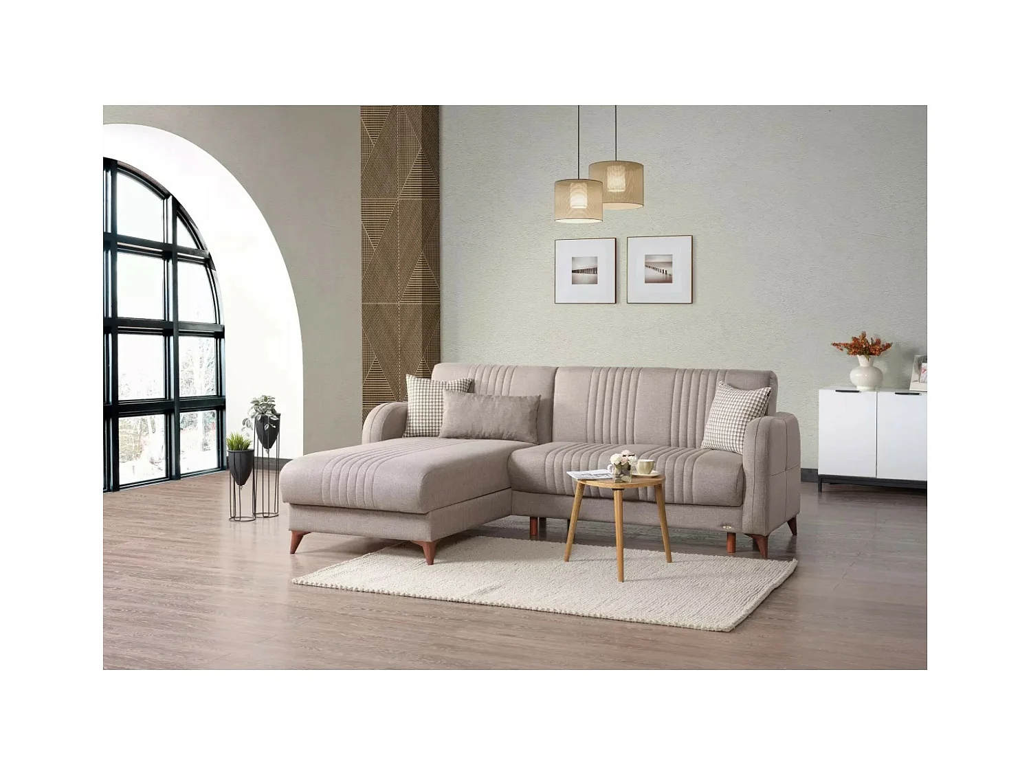 Divano d'angolo Linea L/rivestimento in tessut/Beige