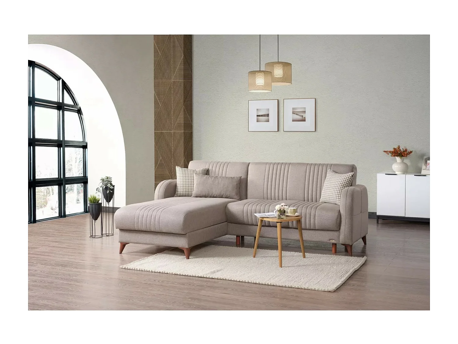 Divano d'angolo Linea L/rivestimento in tessut/Beige