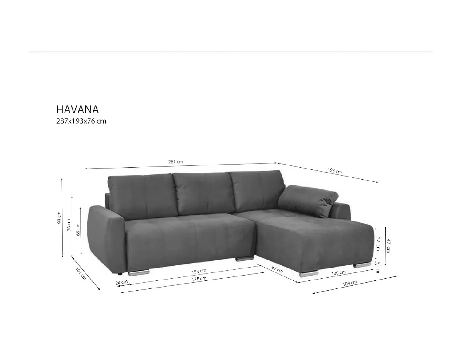 Canapé d'angle Havana L/revêtement tissu/Gris