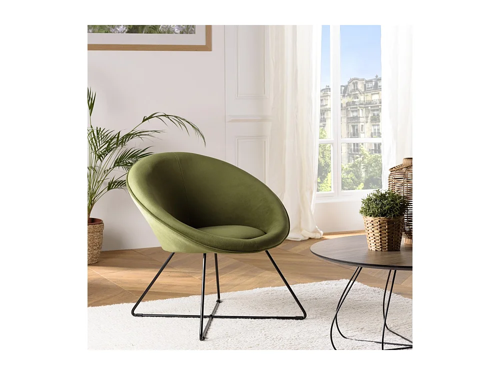 AGATHE - Fauteuil tissu velours vert olive pieds croisés métal noir
