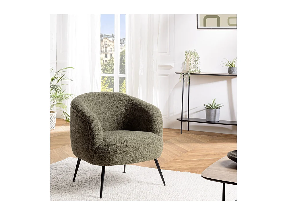 AGATHE - Fauteuil cosy tissu bouclette vert kaki pieds métal noir