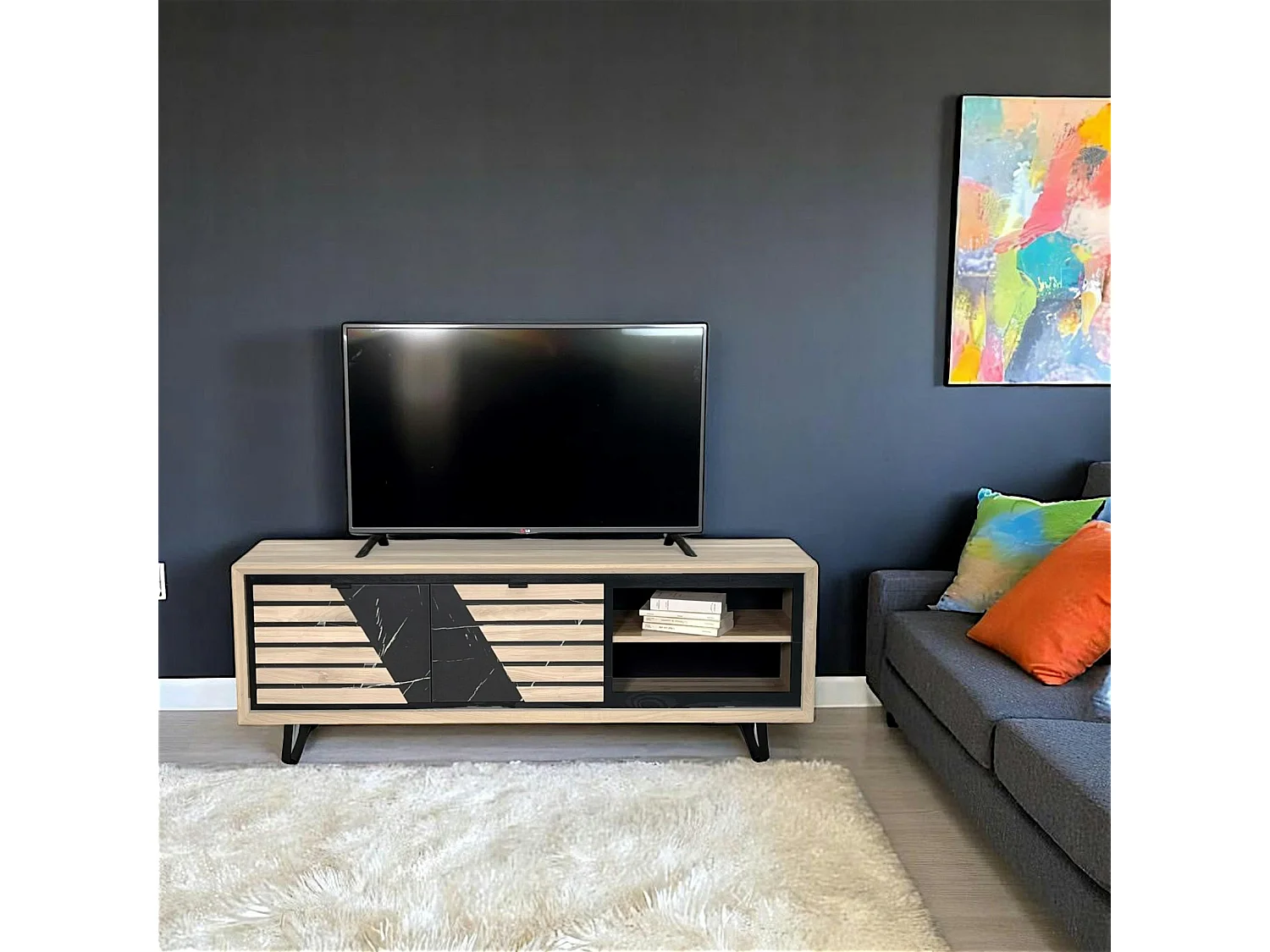 Meuble TV 2 portes chêne blanc décor graphique ESSEN