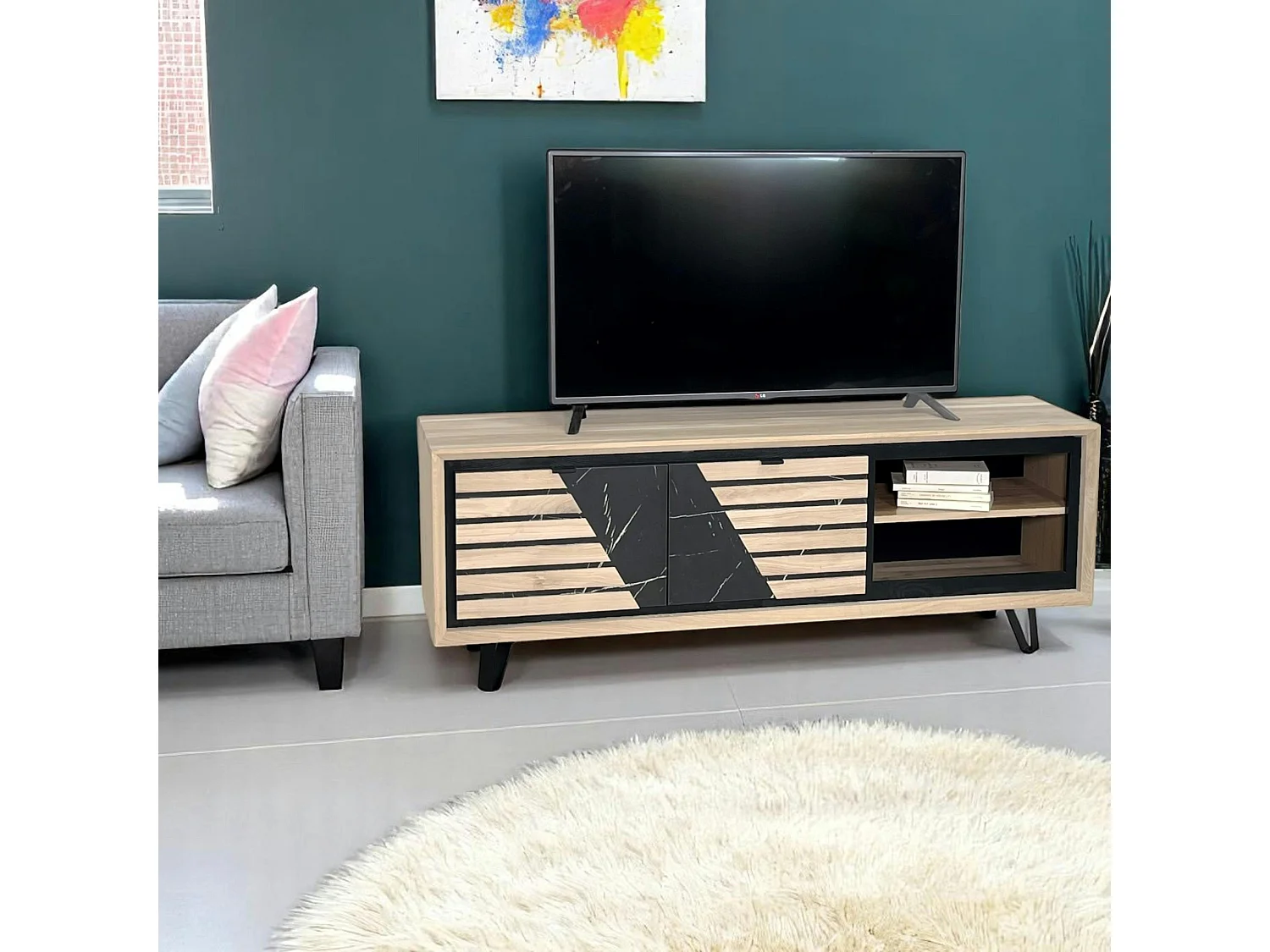 Meuble TV 2 portes chêne blanc décor graphique ESSEN