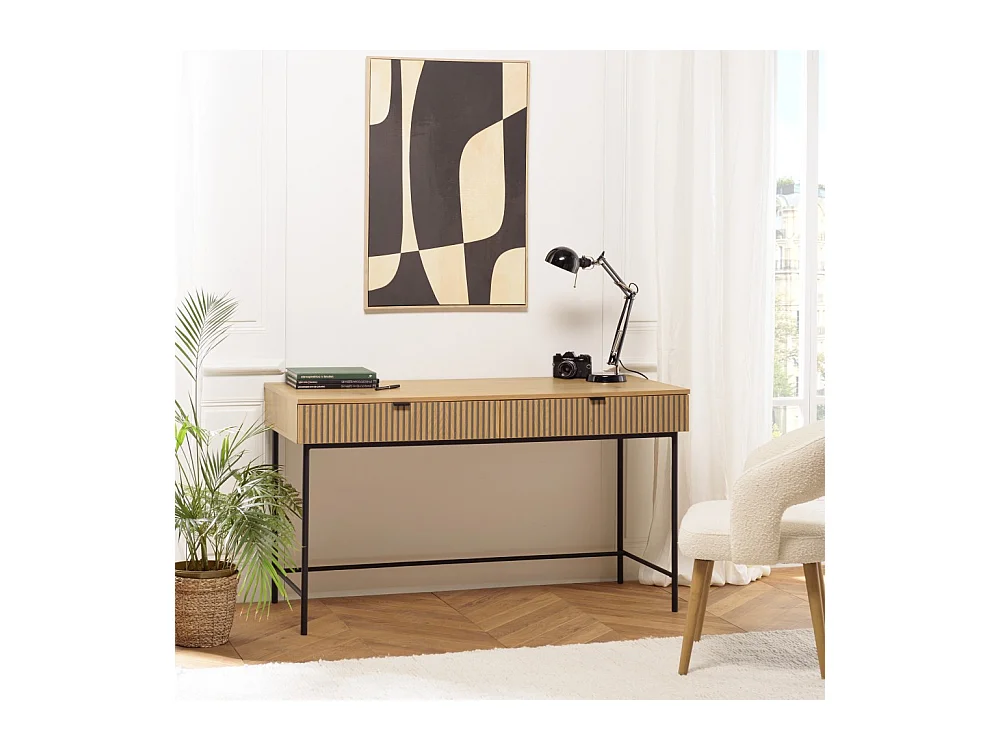 SCOTT - Bureau 2 tiroirs décor effet bois rainuré noir et naturel