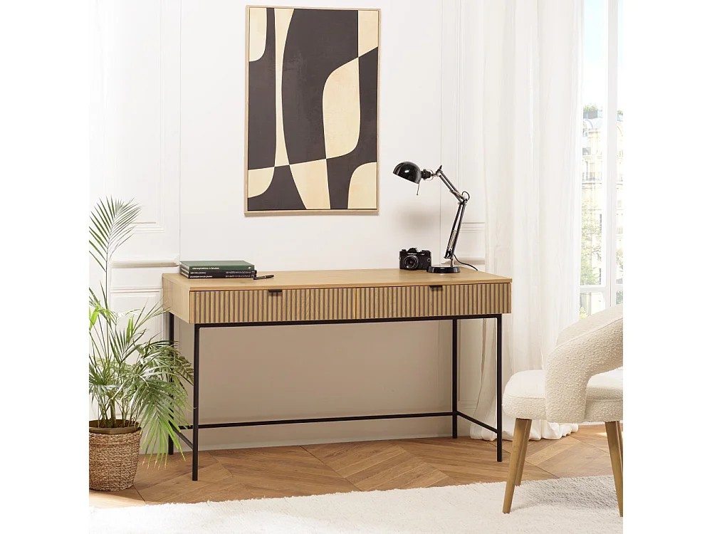 SCOTT - Bureau 2 tiroirs bois décor effet rainuré noir et naturel