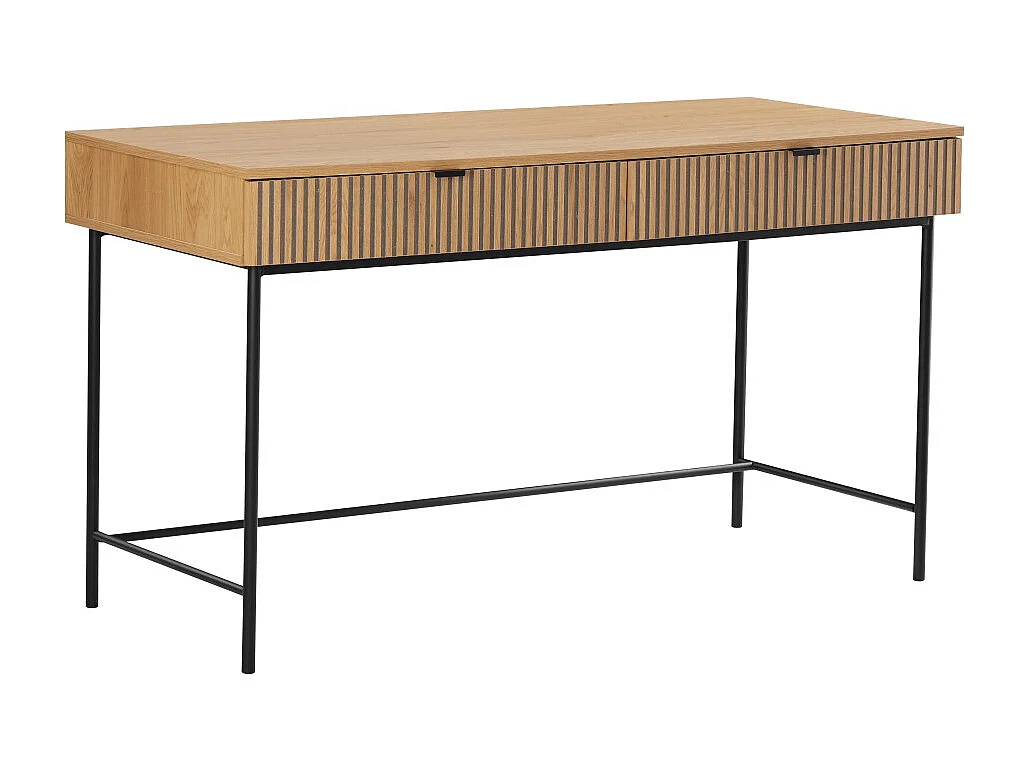 SCOTT - Bureau 2 tiroirs bois décor effet rainuré noir et naturel