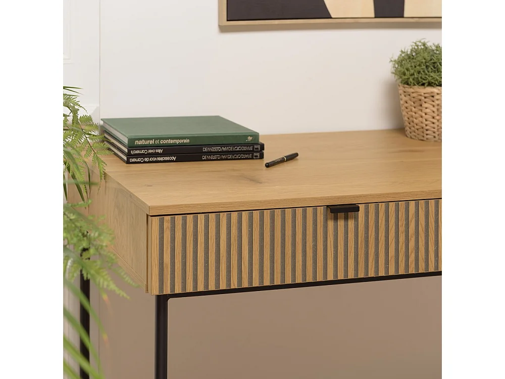 SCOTT - Bureau 2 tiroirs bois décor effet rainuré noir et naturel