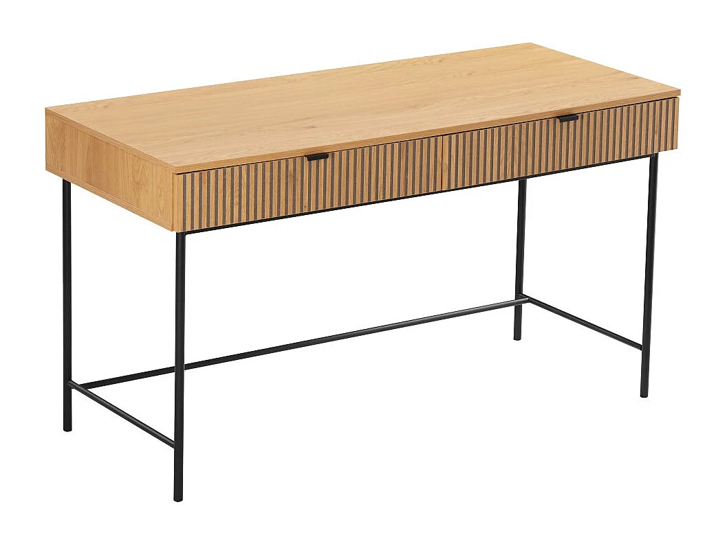 SCOTT - Bureau 2 tiroirs bois décor effet rainuré noir et naturel