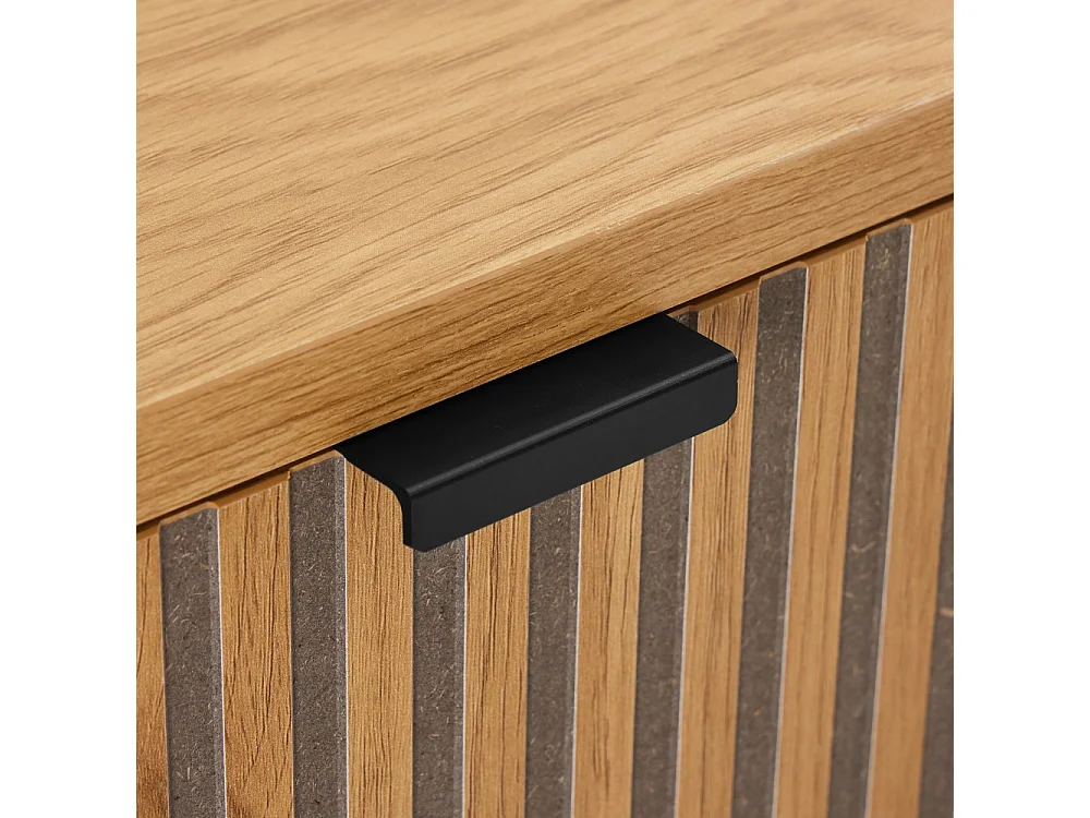 SCOTT - Bureau 2 tiroirs bois décor effet rainuré noir et naturel