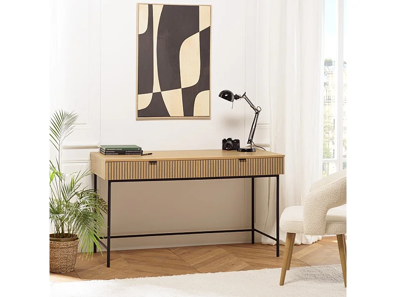 SCOTT - Bureau 2 tiroirs bois décor effet rainuré noir et naturel