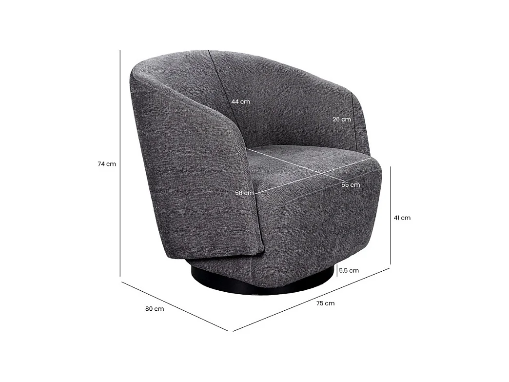 Fauteuil rotatif 360° en tissu doux gris ardoise pied noir – CAMILA