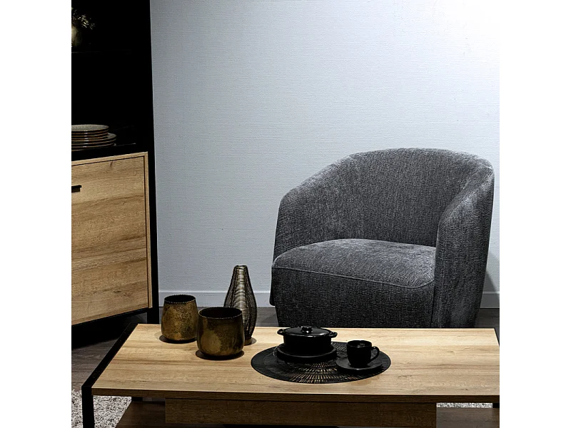 Fauteuil rotatif 360° en tissu doux gris ardoise pied noir – CAMILA