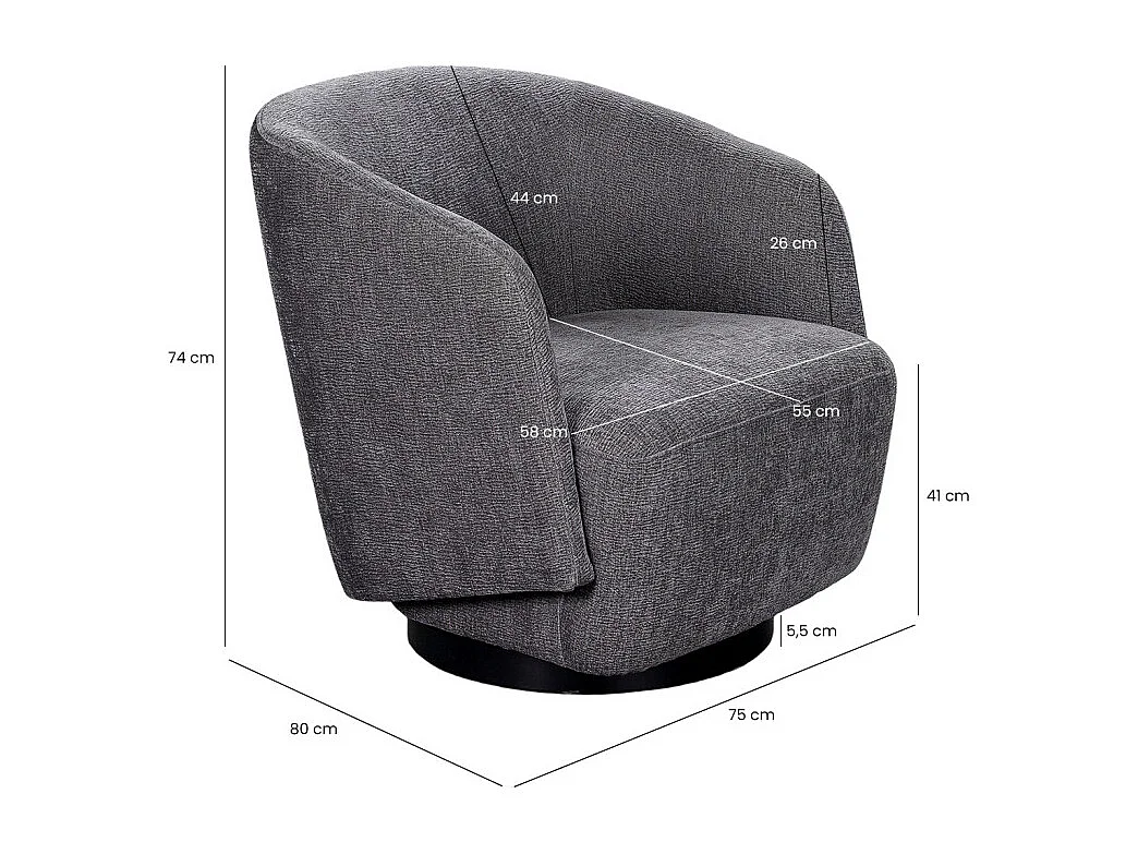 Fauteuil rotatif 360° en tissu doux gris ardoise pied noir – CAMILA