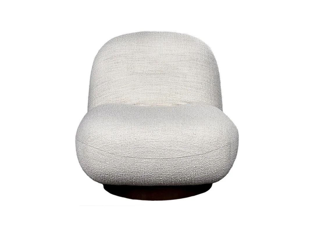 Fauteuil rotatif 360° en tissu bouclette écru pied noyer – CORALINE