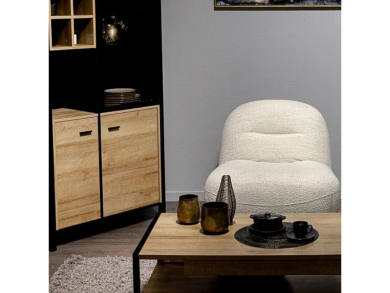 Fauteuil rotatif 360° en tissu bouclette écru pied noyer – CORALINE