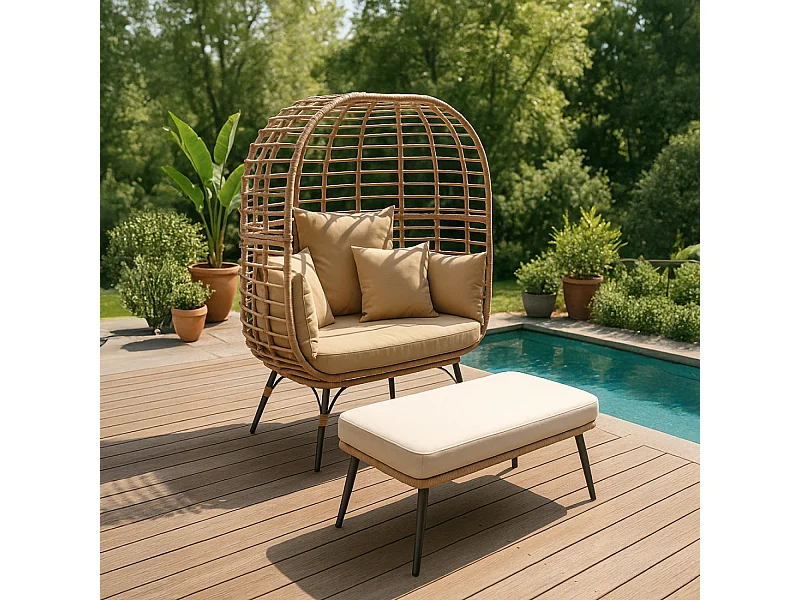 Gartenmöbel-Set Jane - Hängesessel mit Rattan-Effekt und großer Fußhocker mit beigem Kissen