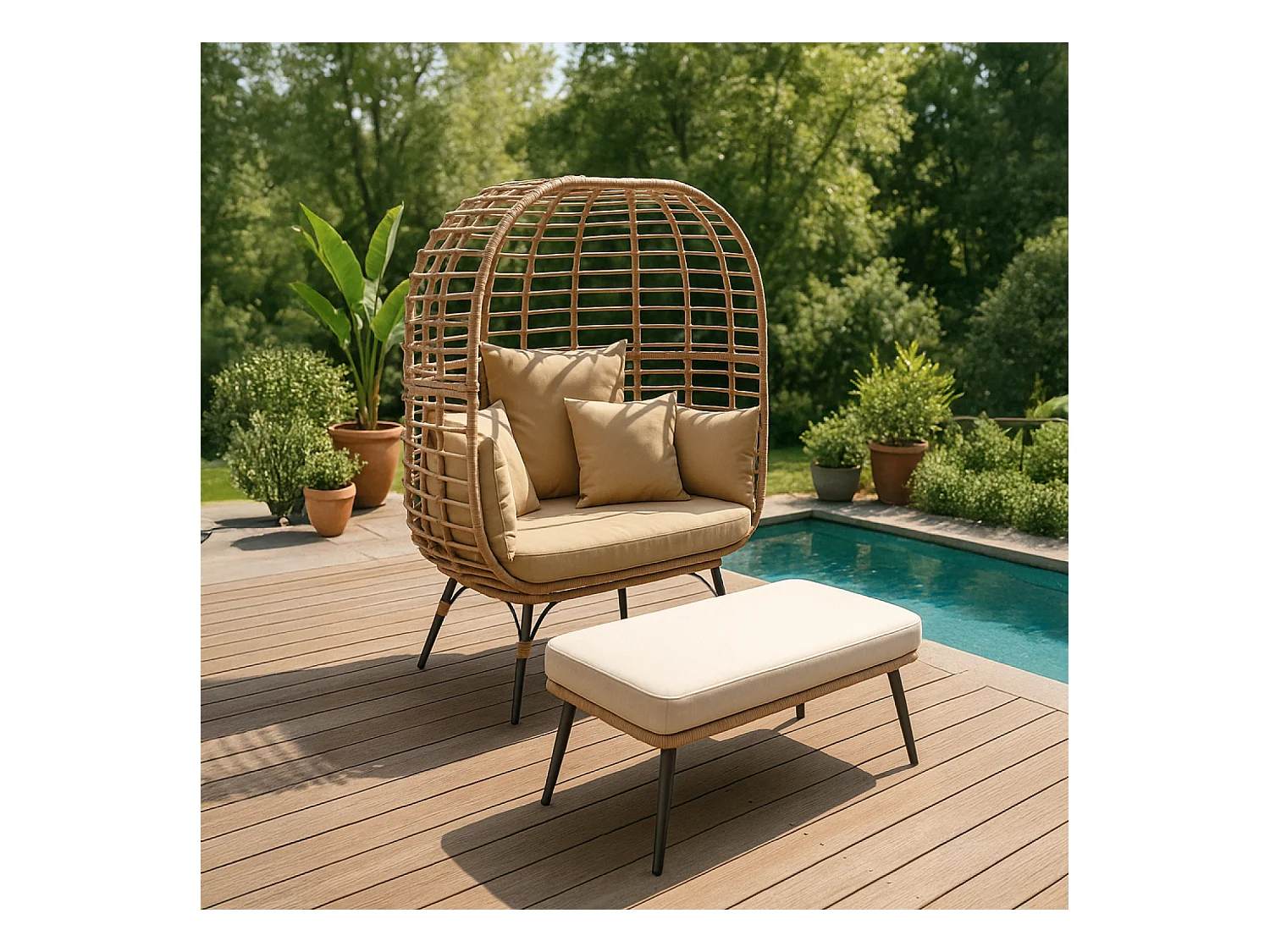 Ensemble fauteuil sur pied effet rotin et repose-pieds avec coussin beige JANE