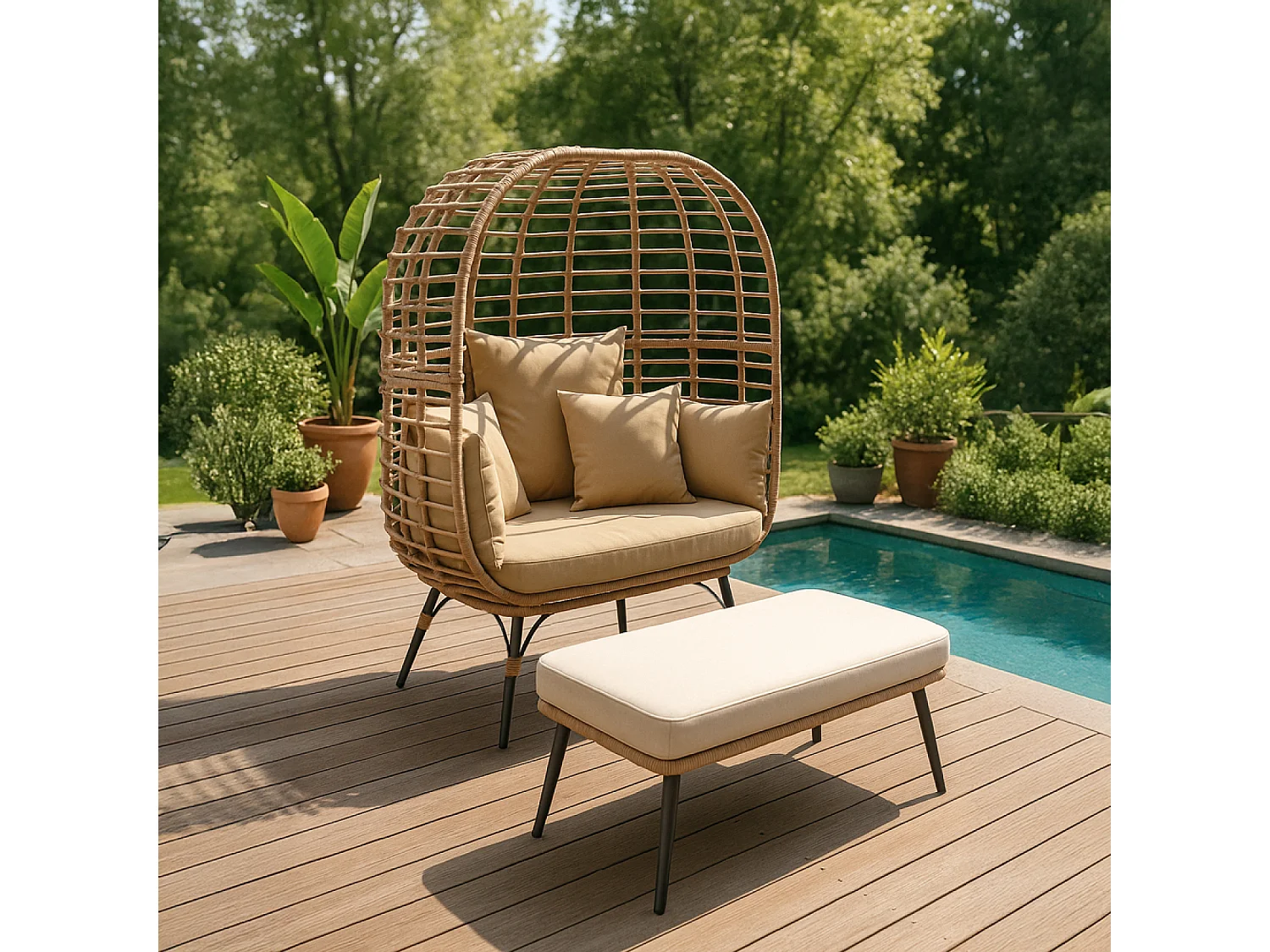 Buitenset Jane - Hangstoel met rotan effect en groot formaat voetenbank met beige kussen