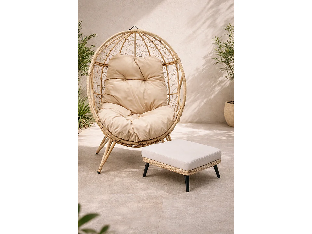 Ensemble d'extérieur : fauteuil suspendu effet rotin et repose-pieds avec coussin beige JANE