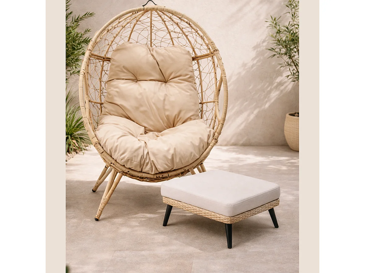 Ensemble d'extérieur : fauteuil suspendu effet rotin et repose-pieds avec coussin beige JANE