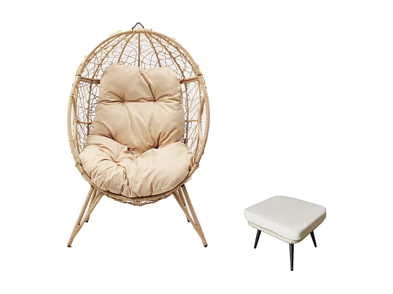 JANE - Ensemble d'extérieur : fauteuil suspendu effet rotin et repose-pieds avec coussin beige
