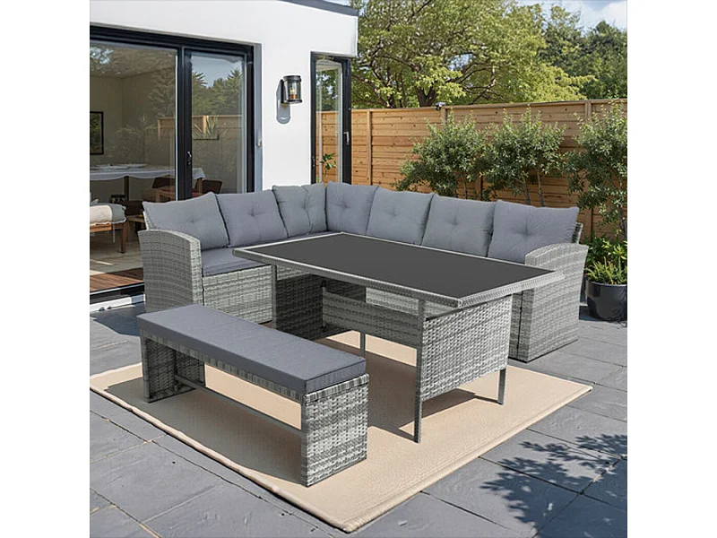 Salon de jardin 8 places avec canapé d'angle en résine tressée grise MOOREA