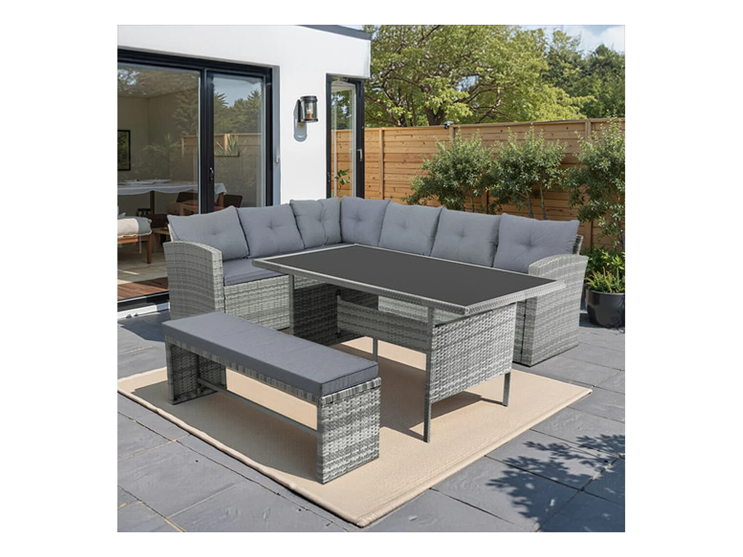 Salon de jardin 8 places avec canapé d'angle en résine tressée grise MOOREA