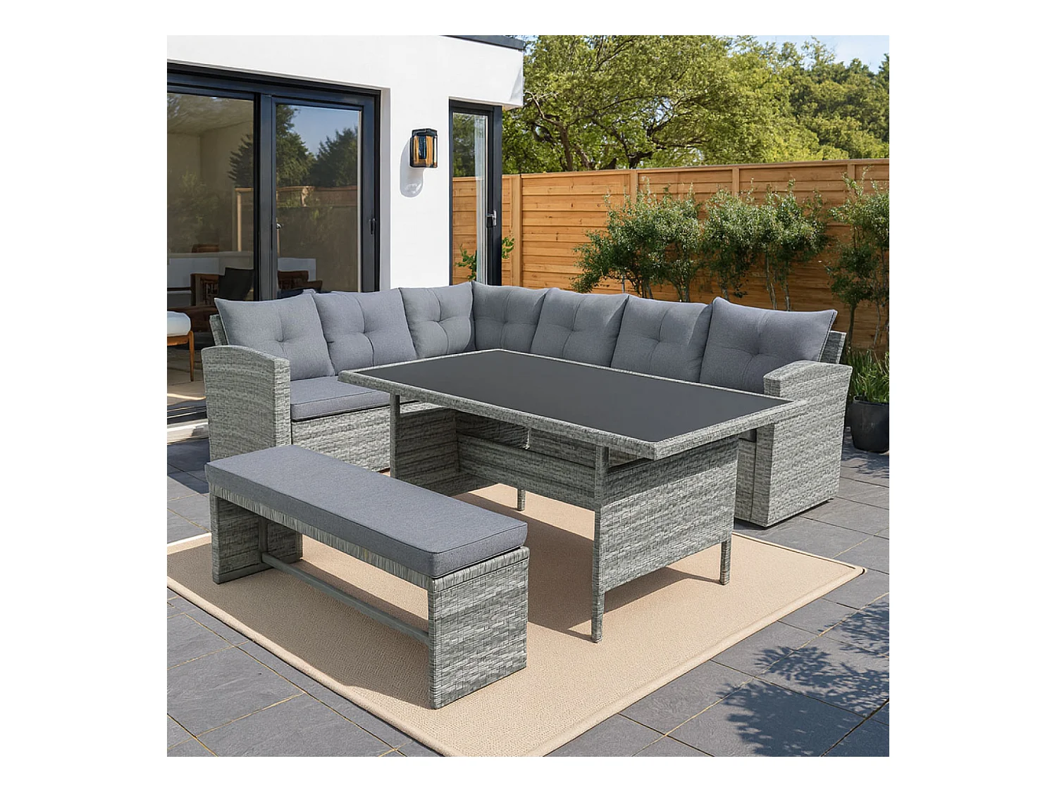 Salon de jardin 8 places avec canapé d'angle en résine tressée grise MOOREA